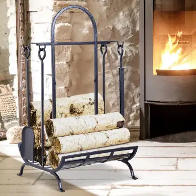 Indoor Outdoor Firewood Rack with 4 Tools, elevated base Steel Power Coated Construction Fire Wood S...