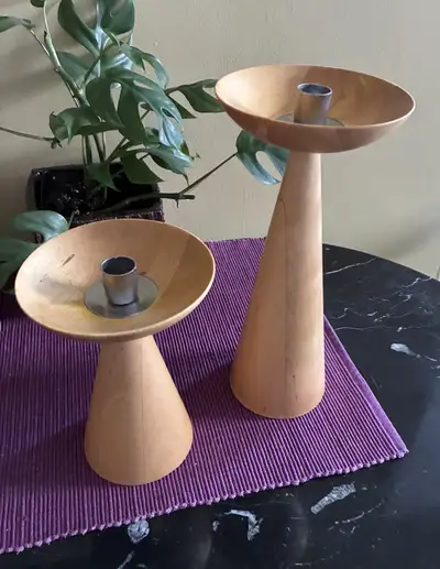 Stunning Lizzie Velander candle holders in birch. Lovely esthetic. Westboro
