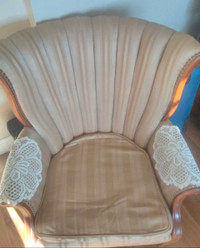 CLAMSHELL Arm Chair with wood detailing. Champagne in colour. Sm