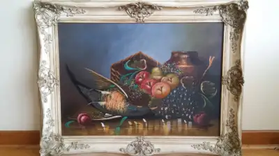 Gorgeous antique still life oil painting., View more