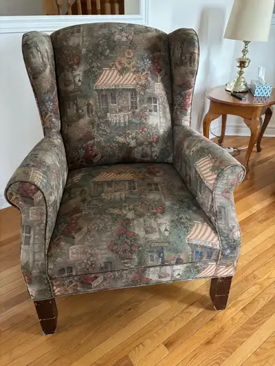 WINGBACK CHAIR WITH EUROPEON STREET SCENE TAPESTRY PRINT, View more