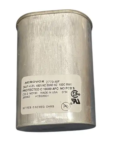 AEROVOX 2779-MF 24uF +/-3% 480VAC 50/60 HZ 100C MAX PROTECTED C 10000 AFC NO PCB'S C22.2 NO190 MADE...