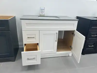 Floor model bathroom vanities on clearance sale Different sizes and colours Soft closing doors and d...