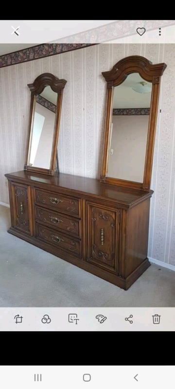 SKLAR PEPPLER Antique dresser with two adjustable mirrors, and matching tall dresser/ hutch.Made in...