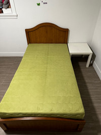 Bed and 8’ inch mattress for sale along with side table  