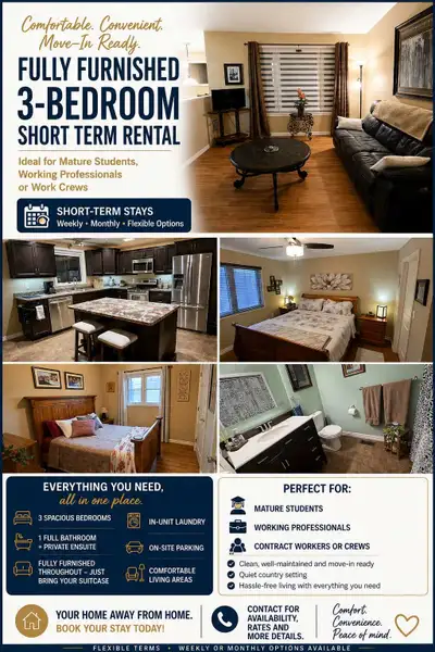 Available January 1st: STR/MTR. Fully Furnished 3-Bedroom. Short-Term Rental. $1500 week/$3500 month...