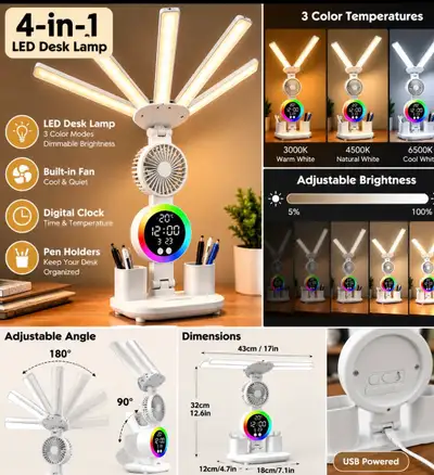 4-in-1 LED Desk Lamp with Fan, Digital Clock & Pen Holder – Whit, View more