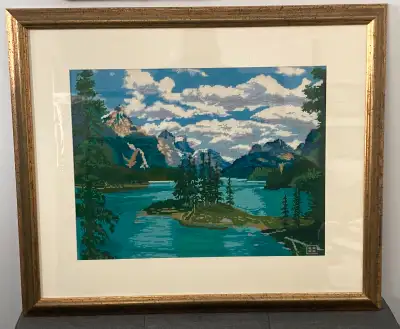 Vintage Needlepoint/Petit Point Spirit Island Maligne Lake, Jasper National Park. 26"H x 31"W. $150....