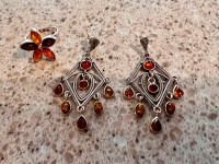 Real Amber and sterling silver earrings and ring set