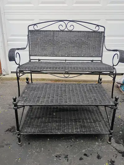 Iron & Wicker bench and table. In good shape - no damage., View more
