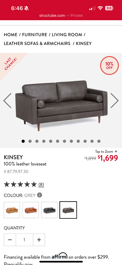 Structube Kinsey real “ pull up Leather”  sofa, View more