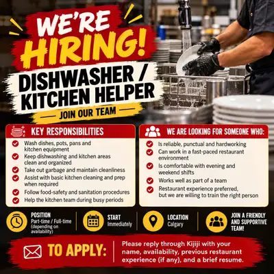 We are a busy, established Indian restaurant in Calgary looking for a reliable and hardworking Dishw...