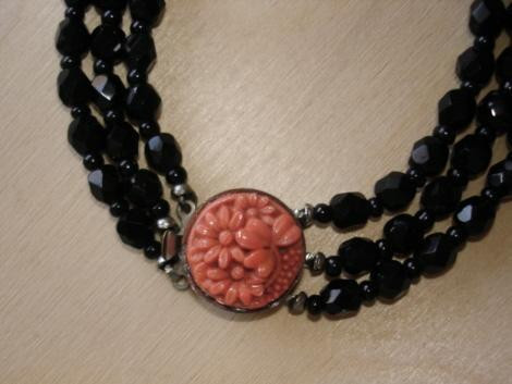 Three Strand Black Crystal Necklace w/ carved Coral Rose Closure for sale  