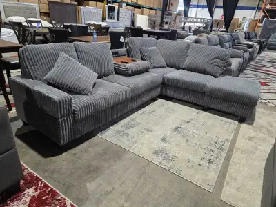 Grey Corduroy L-Shaped Sofa with Built-In Console & Cup Holders , View more