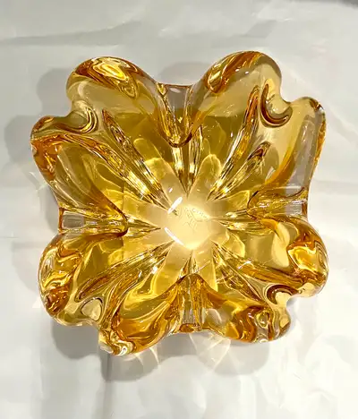 Acid etched, amber Chantili Art Glass ashtray $100 OBO Unmarked, presumably Chalet Art Glass, amber...
