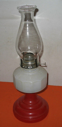 Antique Alacite Milk Glass Oil Lamp Red & White