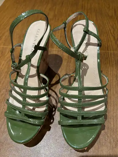 Green Patent Leather Strappy Cork Wedge Sandals- Size 8, View more
