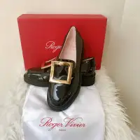 New Roger Vivier Black Patent Leather Metal Buckle Loafers
