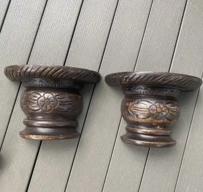 Pair Folk Art MCM Wood Carved Wall Shelves Brackets Sconces, View more