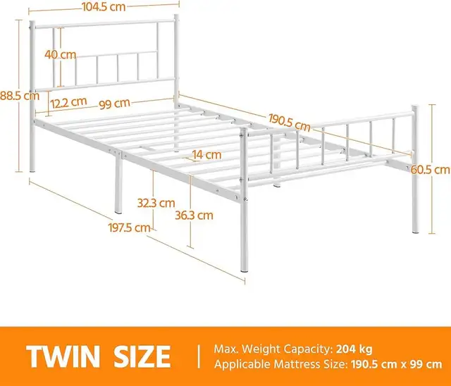 Yaheetech white Twin Size Metal Platform Bed Frame Headboard in Beds & Mattresses in Markham / York Region - Image 5