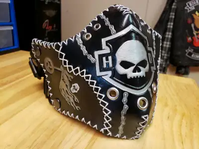 Chain Linked Willie G leather riding mask. Handmade in Halifax, with suede lining, wax stitching, ve...