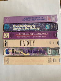 VHS tapes Hitchhiker's Guide, Horrors, Beatles, Blank tape GREAT