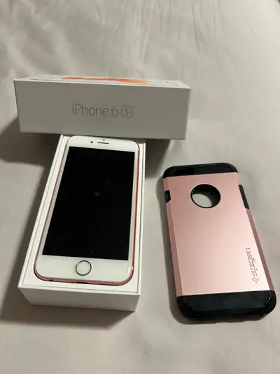 iPhone 6s, 16GB (Rose Gold). Includes original box and Spigen Rose Gold Case