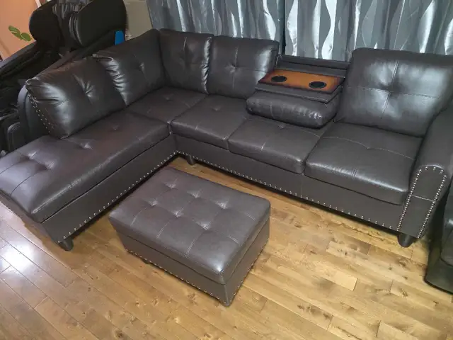 Large L-Shaped Sectional Sofa with Storage Ottoman & Cup Holders