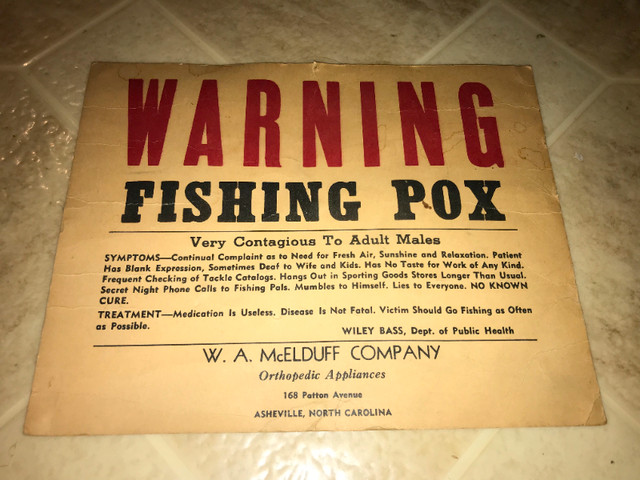 Vintage Novelty FISHING POX Warning Sign Paper in Arts & Collectibles in St. Catharines