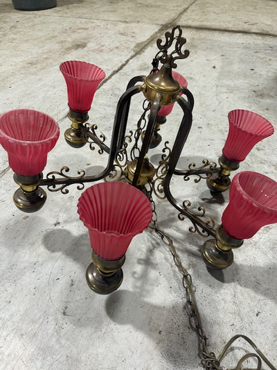 Vintage Large Brass and Cranberry Glass  Chandelier, View more