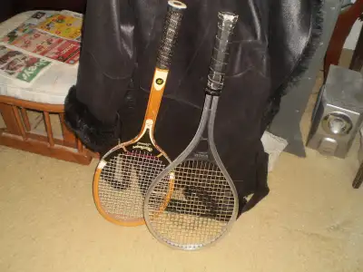 Tennis rackets - Mac Gregor, speedwood - $75- - Spalding tennis racket - Invader - $75- - Badminton...