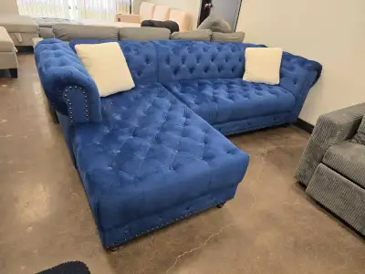 Blue Velvet L-Sectional Sofa with Chaise – Tufted Design , View more