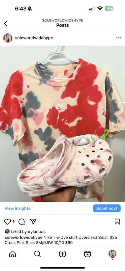 Nike Tie-Dye shirt Oversized Small $35 Crocs Pink Size: 8M/9.5W 10/10 $60 IG: @soleworldwidehype