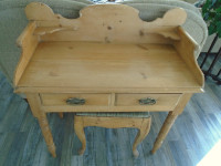 Country style vintage pine vanity/desk, stool and mirror combo