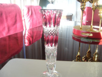 Vintage Bohemian Czech Crystal Bud Vase w/cranberry insert
