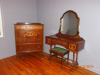 Antique dresser; makeup vanity and bench set