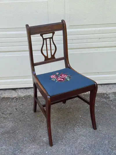 Vintage Harp-Back Chair with Needlepoint Seat. $45. , View more