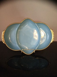  FIRE KING OVEN WARE BLUE MILK GLASS DIVIDED DISH WITH GOLD TRIM