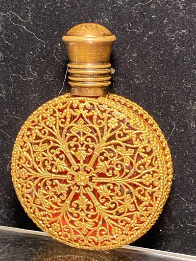 Antique Perfume Scent Bottle W/ Gold Filigree, Glass Applicator, View more