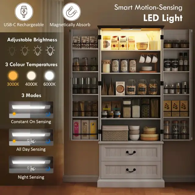 2 drawers 72" LED Kitchen Pantry, Buffet Storage Cabinet  in Bookcases & Shelving Units in Markham / York Region - Image 2
