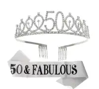 "50 And Fabulous" - Birthday Set with Rhinestone Tiara, Sash,Pin