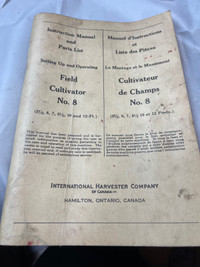 IHC FIELD CULTIVATOR NO. 8 INSTRUCTIONS  MANUAL/ PARTS  #W1386