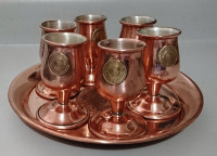 Vintage Copper Tray and Miniature Goblets with Aztec Calendar