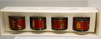 Set of 4 Pier 1 Imports Brass Holiday Napkin Rings Reindeer & Christmas Trees in original box. Selli...