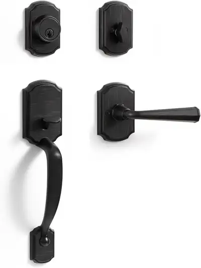 NEUF: Poignée de porte d'entrée en bronze huilé et pêne dormant, View more