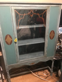 Antique Wood Glass Window Cabinet 3 Shelves with Key