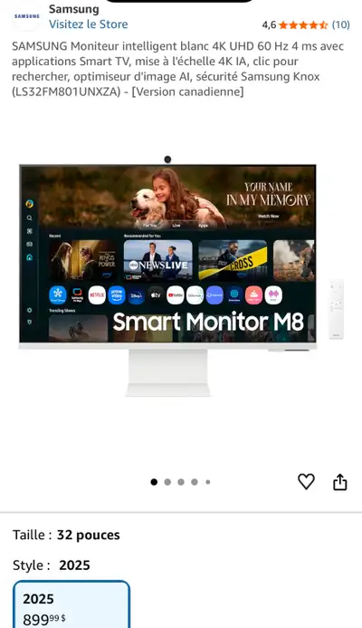 Moniteur Samsung Smart M8 32 Po, Écran d'ordinateur Intelligent 4K UHD, haute résolution, Applicatio...