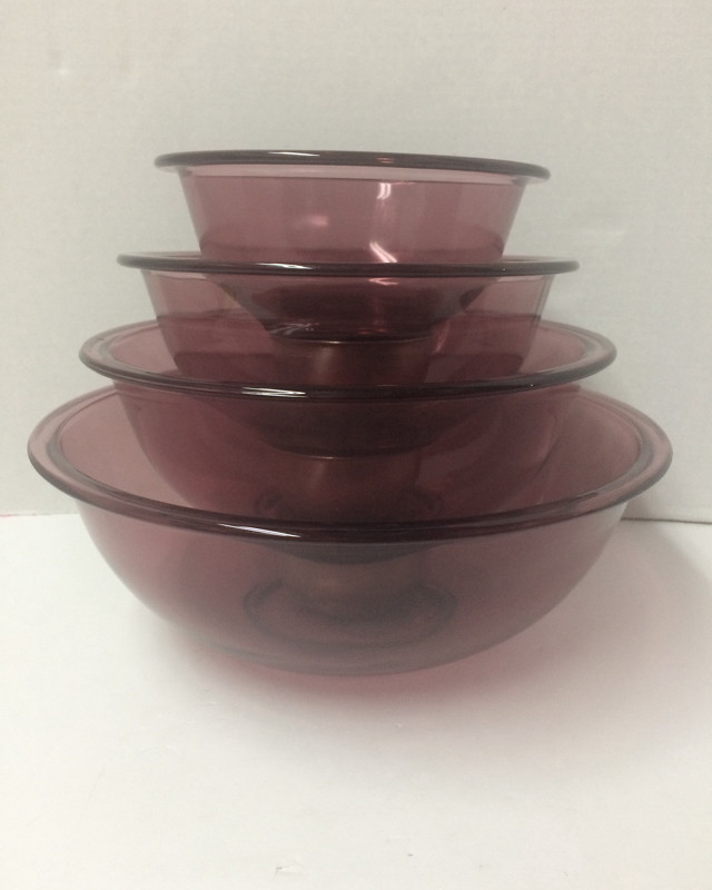 Vintage Pyrex 4 Pc. Mixing Bowl Set Cranberry Color Made in USA in Kitchen & Dining Wares in Cape Breton