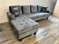 Sale On New 2 Pc Sectional Velvet Sofa with Cup Holder - Grey