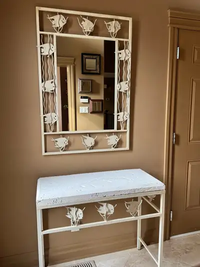 Hall way table & mirror solid stone decorative fish from Naples Florida must sell pick up from garag...